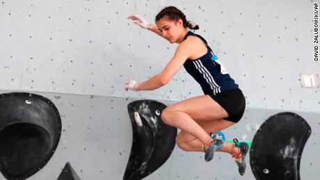 Luce Douady of France competes during the womens bouldering final competition of the International Federation of Sport Climbing World Cup Saturday, June 8, 2019, in Vail, Colo. (AP Photo/David Zalubowski)
