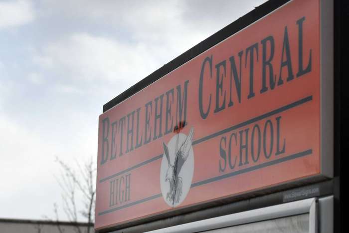 Exterior sign at Bethlehem High School on Friday, Feb. 28, 2020, in Bethlehem, N.Y. The Bethlehem Central School District is considering switching to a later start time. (Will Waldron/Times Union)